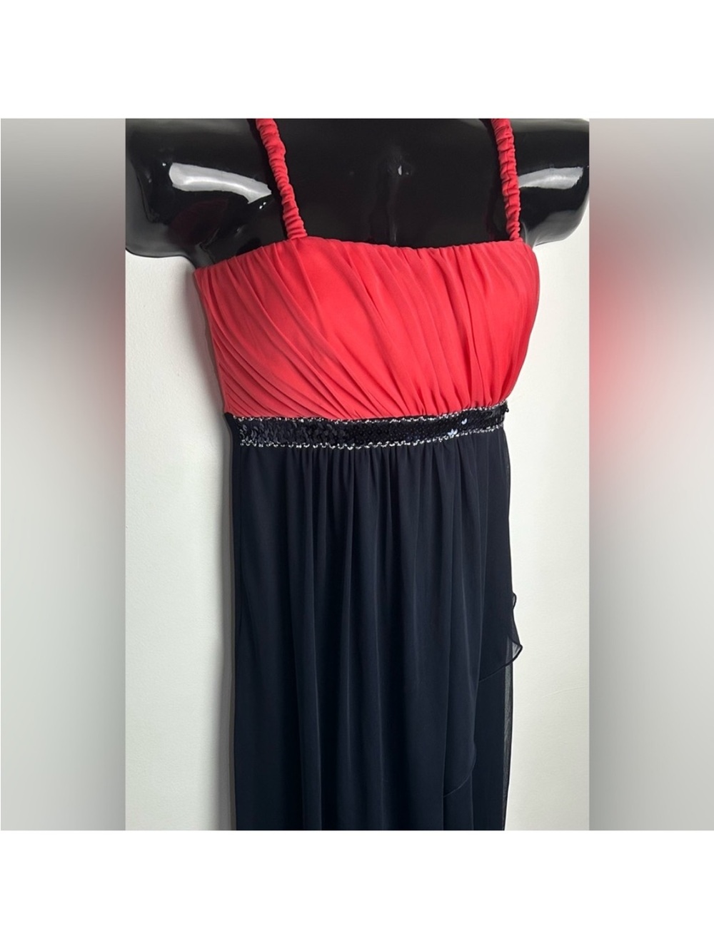 Enfocus Studio Red and Navy High-Low Spaghetti Strap Dress with Sequined Waist - Picture 7 of 8